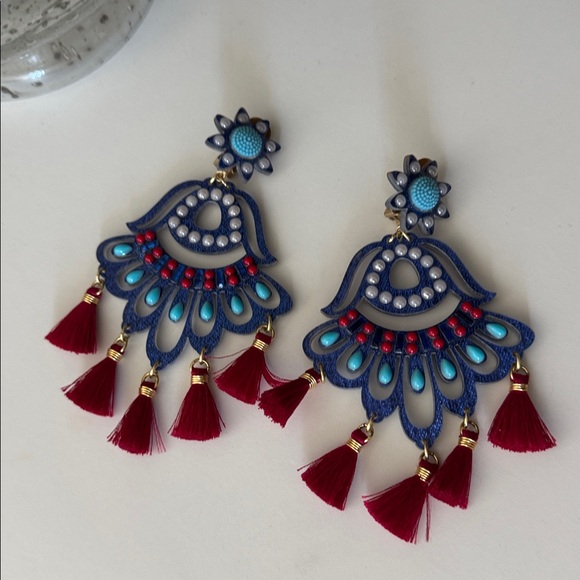 Elegant Blue and Red Tassel Earrings - Picture 2 of 3